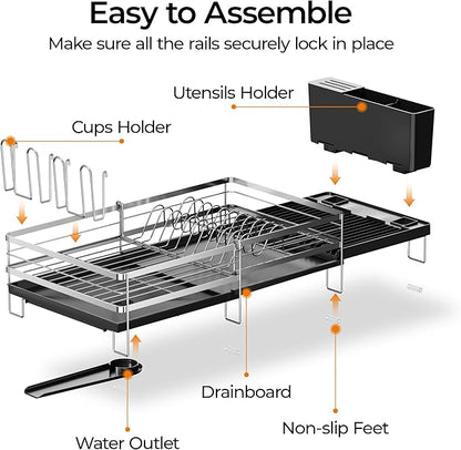 Delamu Stainless Steel Dish Drying Rack, Expandable Dish Drainer, Anti-Rust Large Dish Racks for Kitchen Counter, Dish Strainers with Drainboard, Utensil & Cup Holder, 13.4"-28.7" L x 11.8" W, Silver
