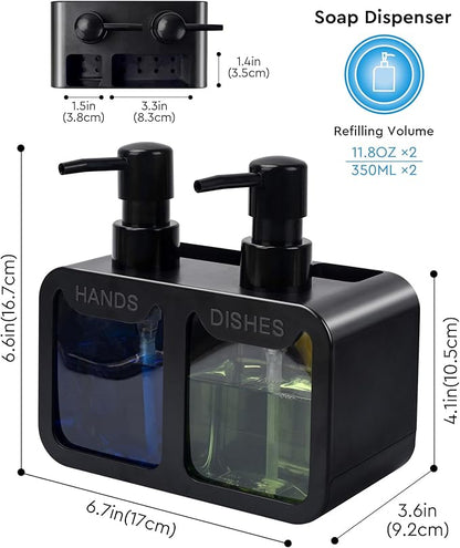 Kitchen Hand Soap and Dish Soap Dispenser Set, Dual Soap Dispenser with Sponge Caddy and Brush Holder 4-in-1 Organizer for Kitchen Sink Countertop, Useful Kitchen Gadgets - Black