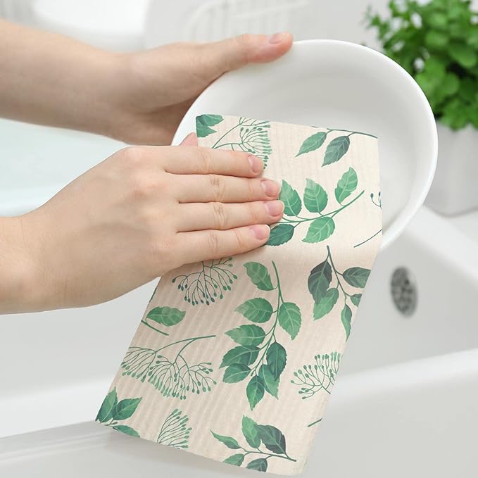 Sunnyray 12 Pcs Swedish Kitchen Dish Towels Dishcloth Reusable Sponge Cleaning Cloth Kitchen Towels Absorbent Washable Dish Cloth Drying Hand Towel(Green, Leaves)