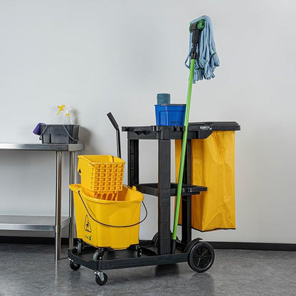 Restaurantware-Clean Tek Professional Janitor Cart with Wheels, 1 Cleaning Trolley with Cover and 18 Gallon Bag - 3 Shelves, Heavy-Duty, Black Plastic Commercial Janitorial Cart, for Restaurants