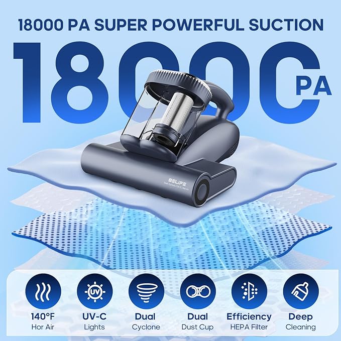 Belife M11 Mattress Vacuum Cleaner, 18Kpa 500W Handheld Bed Vacuum with UV & Hot Air, Dual Cyclone HEPA Filtration High-Frequency Tapping for Deep Cleaning Dust, Pet Hair Sofa Pillows, Corded