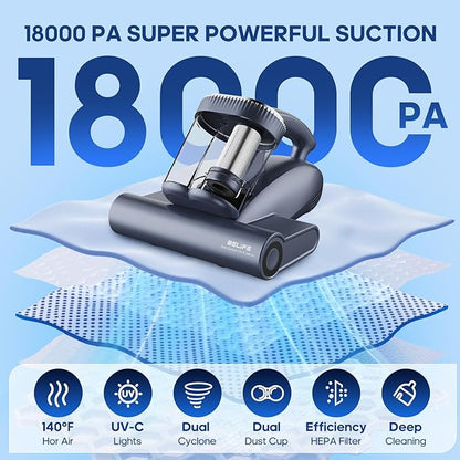 Belife M11 Mattress Vacuum Cleaner, 18Kpa 500W Handheld Bed Vacuum with UV & Hot Air, Dual Cyclone HEPA Filtration High-Frequency Tapping for Deep Cleaning Dust, Pet Hair Sofa Pillows, Corded