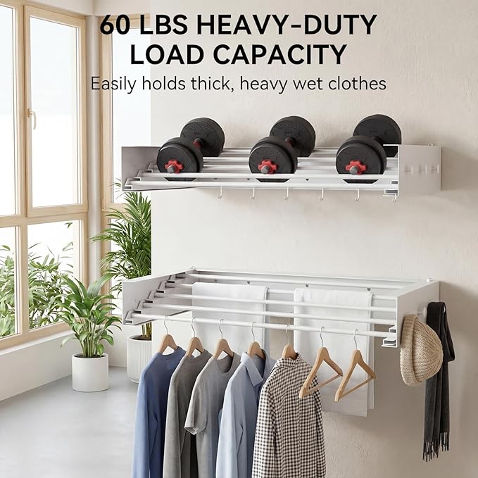 Extra Wide 40" Laundry Drying Rack Wall Mount - Retractable Clothes Drying Rack with 6 Hooks & 6 Knobs, Heavy Duty 60LBS Metal Airer, Large Foldable Wall Hanger for Indoor