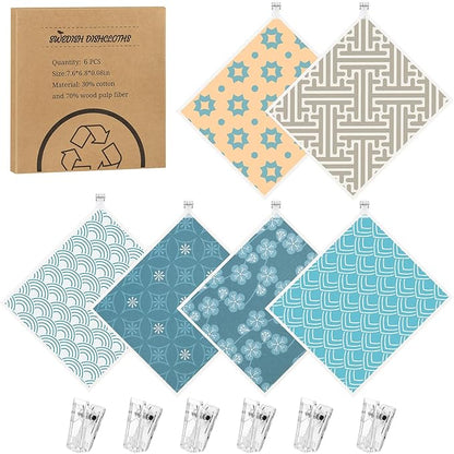 Needbrock 6 Pack Swedish Dishcloths for Kitchen, Geometric Pattern Swedish Rags Dish Towels with Clips, Reusable Paper Towels Washable Absorbent for Home Housewarming Cleaning Gifts for Mom