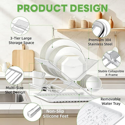 Over The Sink Dish Drying Rack, Collapsible 3 Tier Dish Racks for Kitchen Counter, Stainless Steel Large Capacity Space-Saving Sink Shelf Organizer with Utensil Holder and Drainboard (Upgraded)