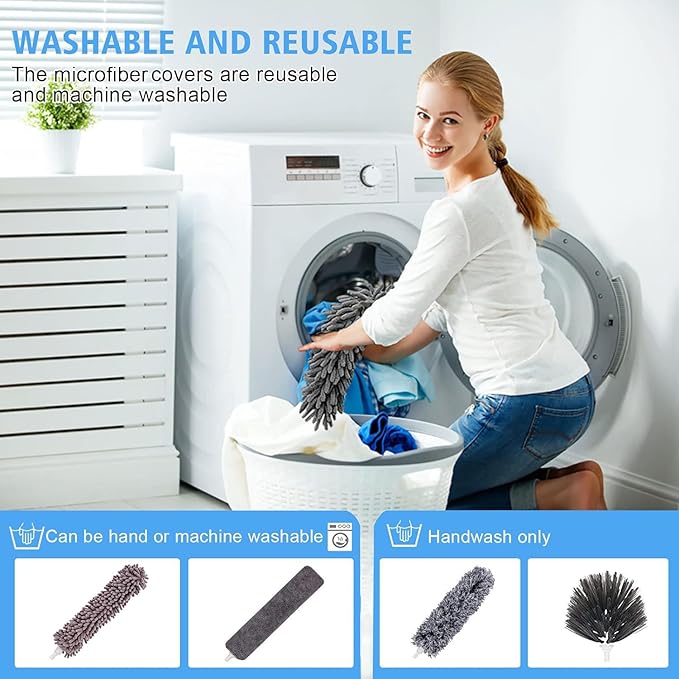 Duster for Cleaning 5-in-1 Kit, 100 Inches Duster with Extension Pole, Extendable Duster, Microfiber Feather Duster, Cobweb Dusters for High Ceilings, Furniture, Blinds, Wall- Grey