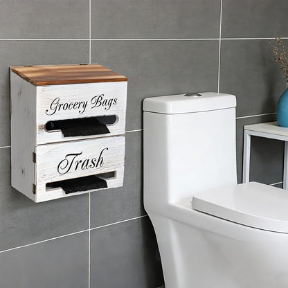 2 in 1 Trash Bag Dispenser, Double Wall Mounted,Wood Trash Bag Holder, used in kitchen, garage, laundry room, can store Environmentally friendly food bags (Vintage/Large(10inch*5.5inch*12.2inch）)
