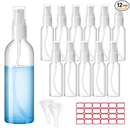 Zoizocp Spray Bottles, 1oz/30ml Clear Empty Fine Mist Plastic Mini Travel Bottle Set, Small Refillable Liquid Containers with 2pcs Funnels and 24pcs Labels (12 Pack)