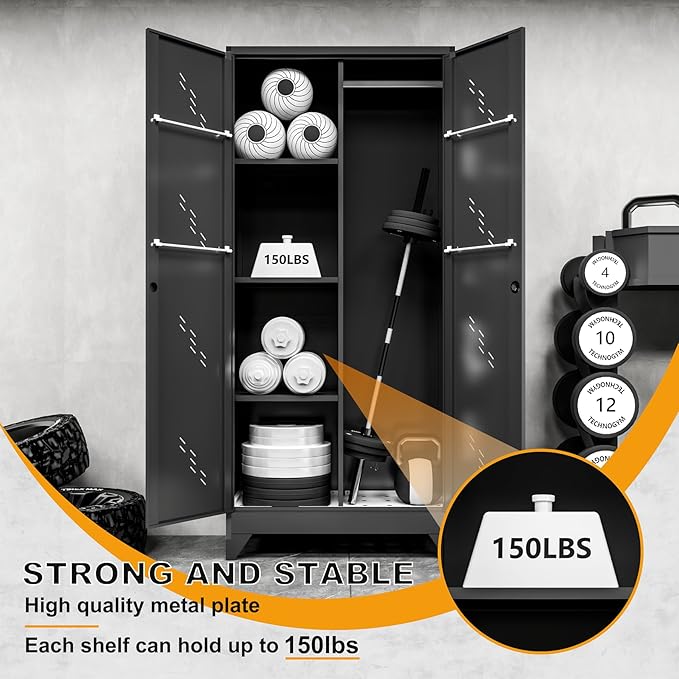 Metal Garage Storage Cabinet, Kitchen Pantry Cabinet, Broom Closet Storage Cabinet with Lock, Modern Steel File Cabinets, Broom and Mop Organizer Cabinets for Laundry Room, Home Office, Gym, Shop