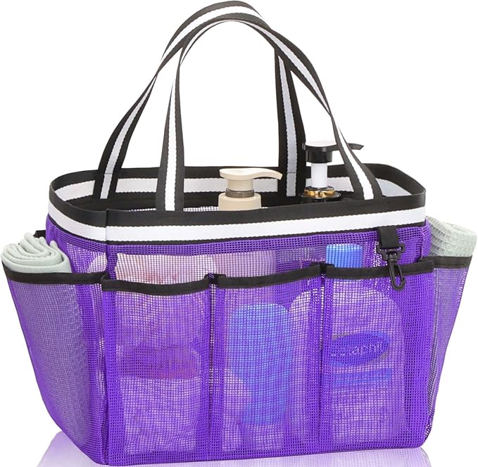 Ocim Large Portable Mesh Shower Caddy Bag Tote for Big Size Shampoo Bottles, Collapsible Quick Dry for College Dorm, Camping, Beach Pool Bathroom, Purple
