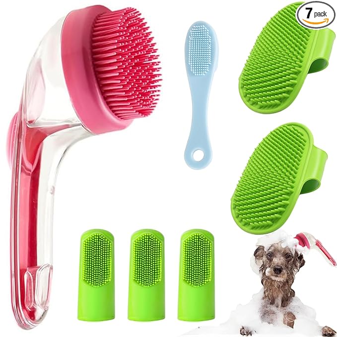 7 PCS Pet Bath Brush Set, Dog Bath Brush with Shampoo Dispenser, Cat Chin Cleaning Brush, Dog Toothbrush, Adjustable Glove Massage Brush Pet Scrubber for Bathing Long Short Haired Dogs Cats (Rose Red)