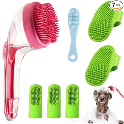 7 PCS Pet Bath Brush Set, Dog Bath Brush with Shampoo Dispenser, Cat Chin Cleaning Brush, Dog Toothbrush, Adjustable Glove Massage Brush Pet Scrubber for Bathing Long Short Haired Dogs Cats (Rose Red)