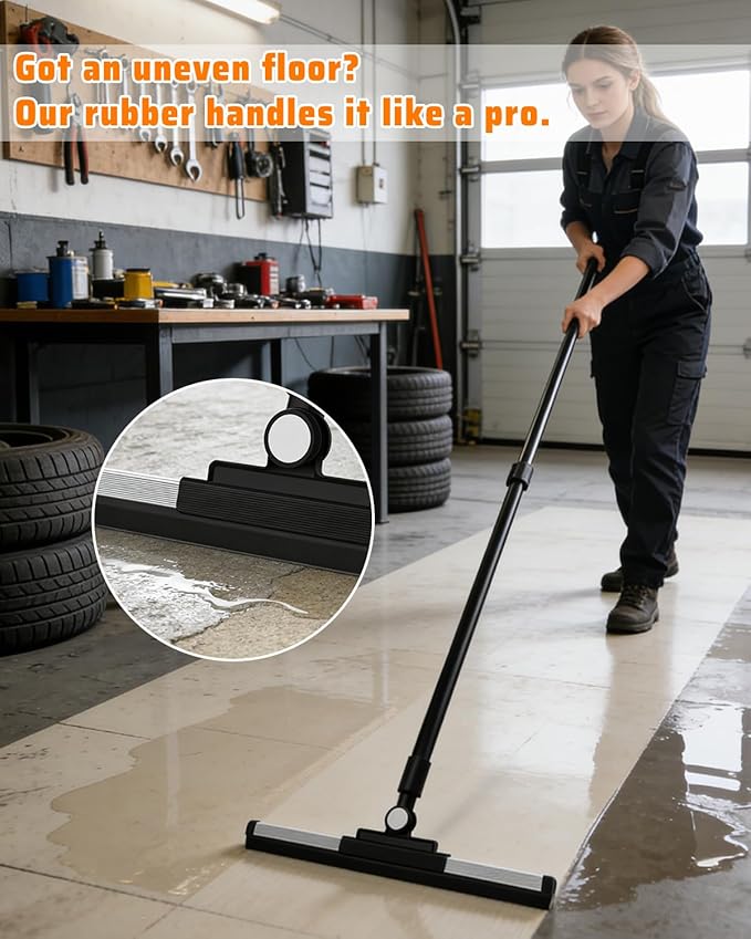 Heavy Duty Floor Squeegee for Concrete Floor– 14.2” Rubber Broom with Cloth Clip Design, 52” Extendable Window Cleaner, Squeegee Broom for Floor, Bathroom, Garage, Tile,Patio &Shower