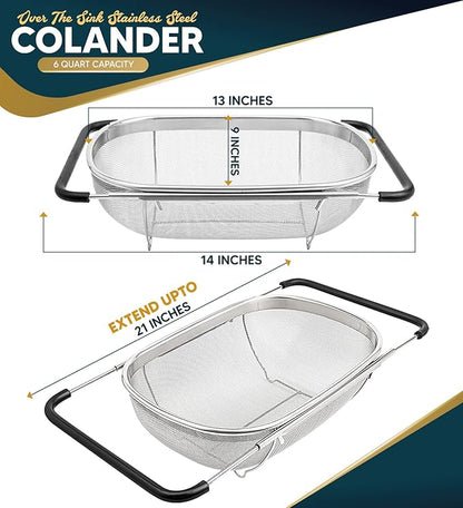Over the Sink Colander for Kitchen - 6 Quart Over the Sink Strainer Basket with Extendable Ergonomic Handles and Resting Feet - Multipurpose Fine Mesh Strainer for Kitchen