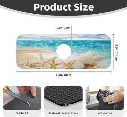 Beach Starfish Seashell Shell Summer Kitchen Sink Splash Guard Faucet Mat Super Absorbent Fast Drying Mat Sink Gadgets-Fast Drying Pad Sink Mat For Kitchen Bathroom (15" X 5.5" )