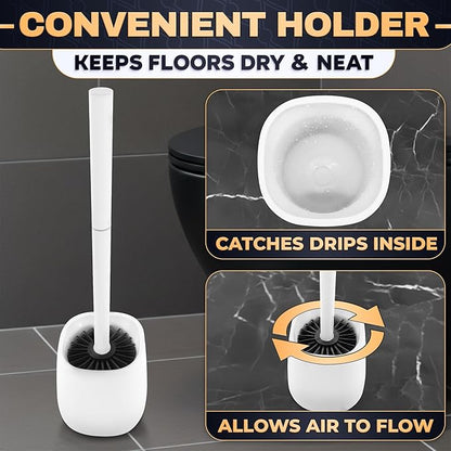 Toilet Brush and Holder Set - Silicone Toilet Bowl Brush with White Holder Base, Compact Bath Accessory for Small Spaces - Easy to Place and Simple to Store After Use, Plastic Bathroom Cleaning Tool
