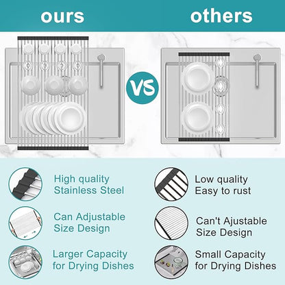 BBXTYLY Extra Large Expandable Roll Up Dish Drying Rack,Over The Sink Drying Rack Sink Cover Kitchen Sink Accessories Kitchen Rolling up Stainless Steel Drainer, Foldable,Rollable（Black，25.1''-17.3''）