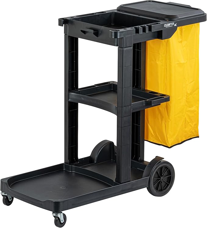 Restaurantware-Clean Tek Professional Janitor Cart with Wheels, 1 Cleaning Trolley with Cover and 18 Gallon Bag - 3 Shelves, Heavy-Duty, Black Plastic Commercial Janitorial Cart, for Restaurants