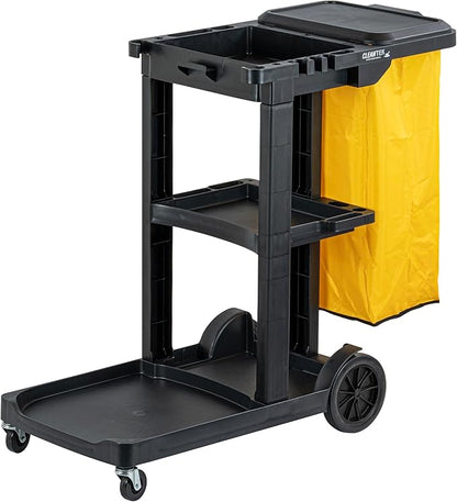 Restaurantware-Clean Tek Professional Janitor Cart with Wheels, 1 Cleaning Trolley with Cover and 18 Gallon Bag - 3 Shelves, Heavy-Duty, Black Plastic Commercial Janitorial Cart, for Restaurants