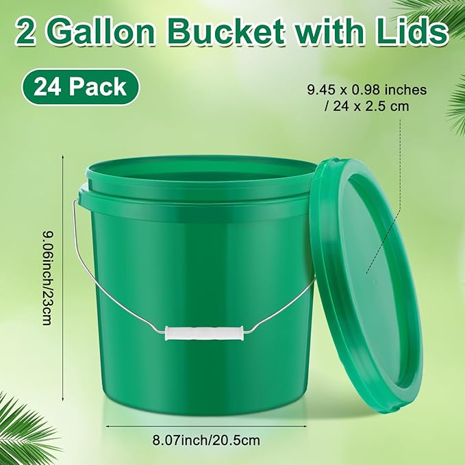 Tioncy 24 Pcs 2 Gallon Plastic Bucket with Lid Heavy Duty 2 Gallon Bucket Pail with Lid Handle for Storage Container Home Household Cleaning (Green)