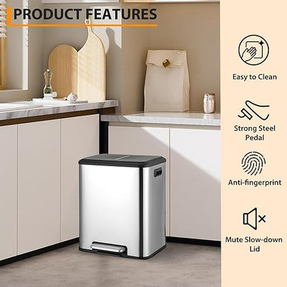 2 x 4 Gallon, Double Trash Can Kitchen for Recycling and Trash, 2 in 1 Garbage Bin, Touchless Motion, Recycle Bin Combo, Stainless Steel Dual Recycling Bins for Kitchens & Office