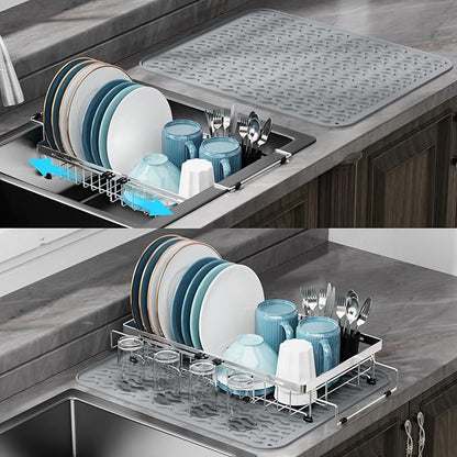 GSlife Expandable Dish Drying Rack for Large Sink- Stainless Steel Over the Sink Dish Drainer with Silicone Drying Mat and Locking Knob for Kitchen, 12.8" W x 13.4"-20.4" L, Silver