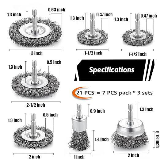 Double Elite Wire Brush for Drill Set 21 Pcs, Abrasive Wire Wheel for Drill 1/4 Inch Hex Shank, Drill Wire Brush Coarse Crimped Carbon Steel, Wire Brush Drill Attachments