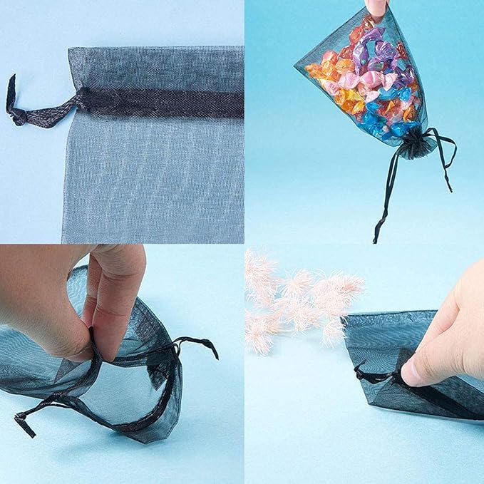 100 Pcs Per Pack 5x7 Gifts Wrap Bags Black, Organza Sheer Fabric, Drawstring Transparent Mesh Bags for Baby Shower Favor,Anniversary,Dried Lavender Flowers,Confetti,Women Lipstick,Halloween,Travel