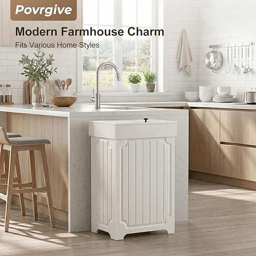 Povrgive Wood Trash Can Cabinet, 13 Gallon Hidden Kitchen Garbage Can with Lid, Farmhouse Dog Proof Trash Can, Metal Ring Included, 16" L x 13" W x 26.5" H, White