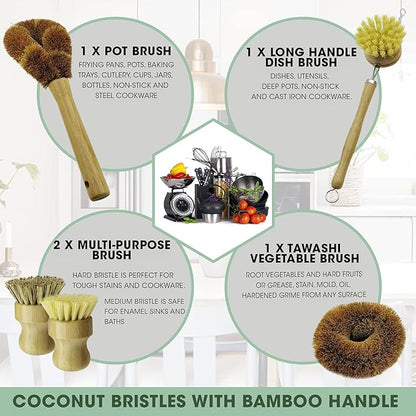 5 Pieces Bamboo Dish Brush Set for Eco-Friendly Home - Wooden Dish Scrubbers, Sustainable Kitchen Cleaning Set, Natural Bristle Dish Brushes for Pots Pans Bottles