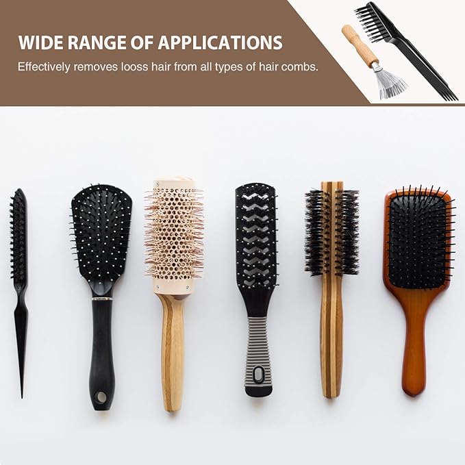 Boao 2 Pieces Hair Brush Cleaning Tool Comb Cleaner Brush Mini Comb Cleaning Hair Remover Tool for Removing Dust Home and Salon Use (Black Color,Wooden Handle Rake)