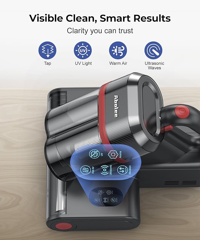 Abolee Bed Vacuum Cleaner, 6-in-1 Mattress Vacuum Cleaner Bed Vacuum Cleaner with UV-C Light & 15kPa Suction, Powerful Double-Cup Handheld Vacuum, Corded Handheld Vacuum for Dust, Silver-Gray