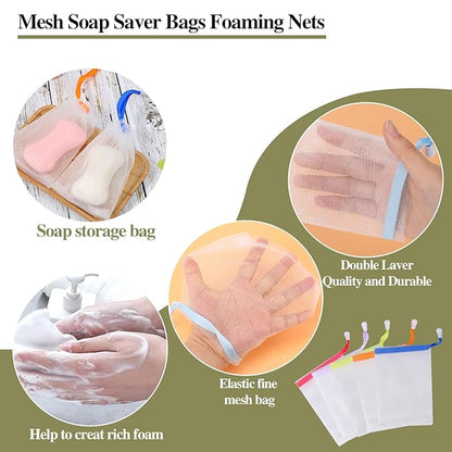 Mozeat Lens 10 PCS Soap Bags Handmade Soap Bubble Mesh Bags Exfoliating Soap Saver Pouch Net Bags with Drawstring Body Facial Cleaning Tool for Bath & Shower (Assorted Colors)