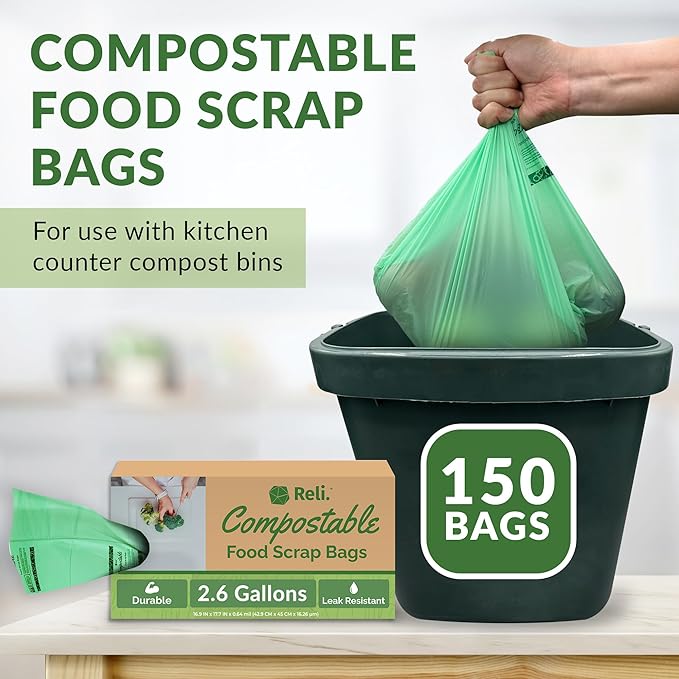 Reli. Compost Bags 2.6 Gallon (150 Count) | ASTM D6400 | Compostable Trash Bags for Food Scraps | Small Composting Liners for Kitchen CompostBin/Countertop Bin | Green, Eco for Food Waste, 2.6 Gal