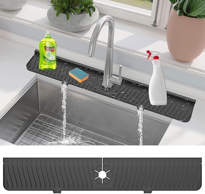 30 inch Kitchen Sink Splash Guard, Silicone Faucet Splash Guard, Large Size Silicone Sink Mat for Kitchen Bathroom, Faucet Handle Drip Catcher Tray (Black)