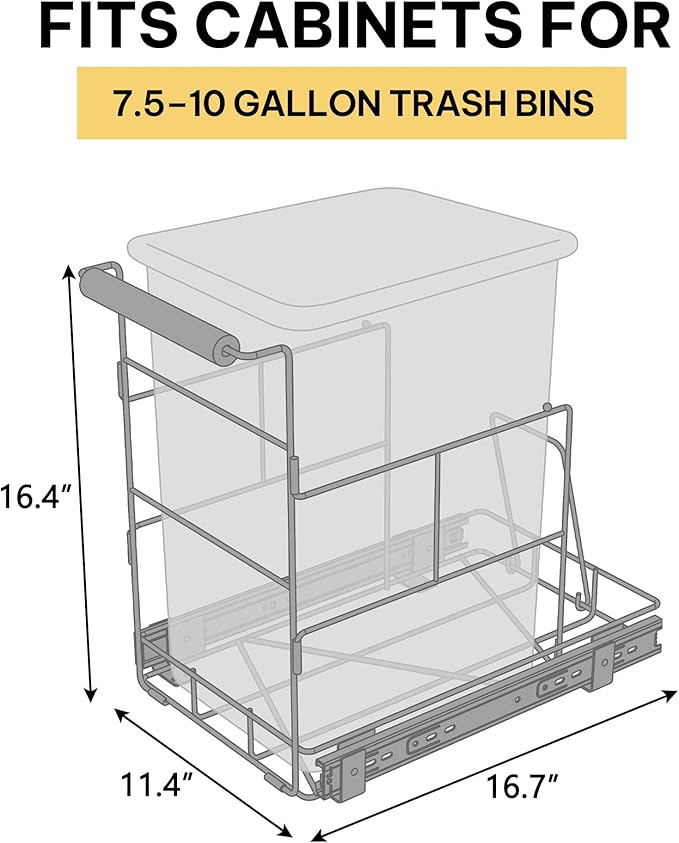 Bulado Pull Out Trash Can Under Cabinet, Under Sink Trash Can Kit with Side Bag Holder, Cabinet Pull Out Organizer for 7.5-10 Gallon Bin, Easy Installation, Bin Not Included