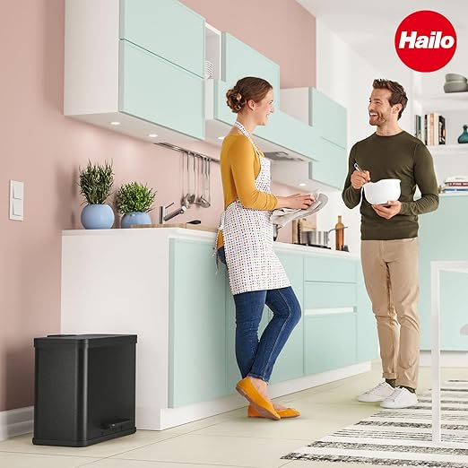 Hailo 0630-260 Oko Duo Plus L Kitchen Trash Can with 2.4 Gallon Bins, Rectangular Dual Compartment Recycling Step, Removable Inner Buckets with Soft-Close Lid Kitchen Trash Can, Black