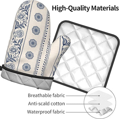 Boho Oven Mitts Set – Vintage Floral Pot Holders Kitchen Gloves for Women Bohemian Kitchen Mitts Potholders Set of 2 Durable for Cooking & Baking