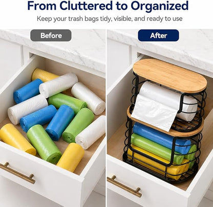 REFGY 2-Pack Multi-Purpose Trash Bag Holder & Stackable Kitchen Storage Organization Bins (11.02" x 6.69"), Protective Wire Basket with Natural Fiber Top, Versatile Garbage Bag Dispenser Under Sink