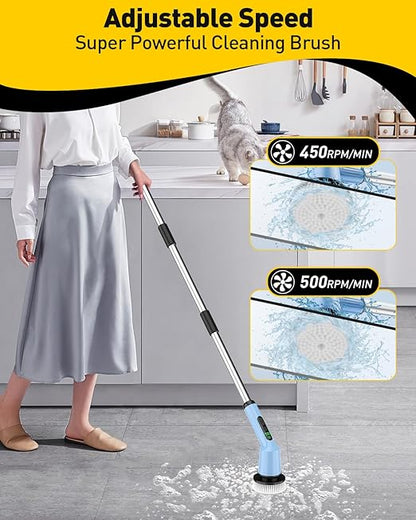 Electric Spin Scrubber for Cleaning Bathroom, Shower Scrubber Cordless Cleaning Brush with IPX7 Waterproof & 2 Speed, 3 Brush Heads, Bathroom Cleaning Supplies for Shower Tub Kitchen Tile Toilet Sky