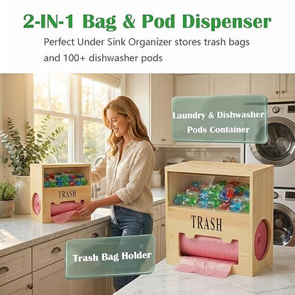 Wooden 2-in-1 Trash Bag Dispenser & Dishwasher Laundry Pods Container, Large Trash Bag Holder with Magnetic Flip Lids, Garbage Bag Dispenser for Kitchen Pantry Laundry Room Under Sink Organizer