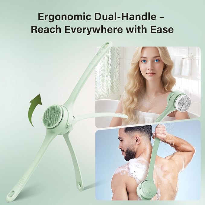 Electric Body Brush Back Scrubber for Shower, 8 Replaceable Heads and Hook, Long Handle, 2-Speed, Type-C Rechargeable, Waterproof, for Cleansing, Exfoliating and Massaging Skin（Apricot）