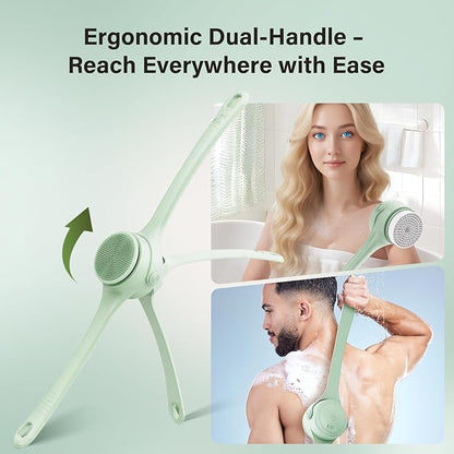 Electric Body Brush Back Scrubber for Shower, 8 Replaceable Heads and Hook, Long Handle, 2-Speed, Type-C Rechargeable, Waterproof, for Cleansing, Exfoliating and Massaging Skin（Apricot）