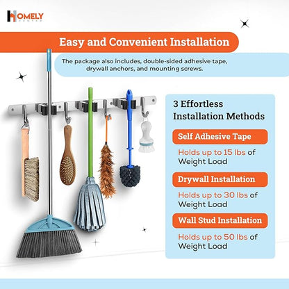 Homely Center Mop and Broom Holder Wall Mount – Heavy-Duty Closet Organizer for Garage, Kitchen, Laundry Organization – Tool Hanger with 3 racks and 4 hooks