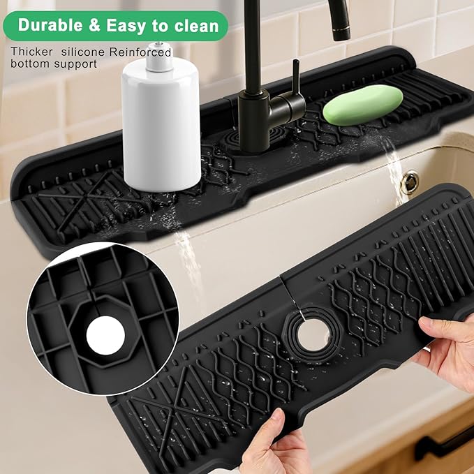 17 Inch Faucet Mat For Kitchen Sink Splash Guard Behind Faucet, ，5°Slope Fast Draining Silicone Mat , Dish Soap Sponge Holder for Bathroom Sink kitchen sink organizer (black, 17" x 6")