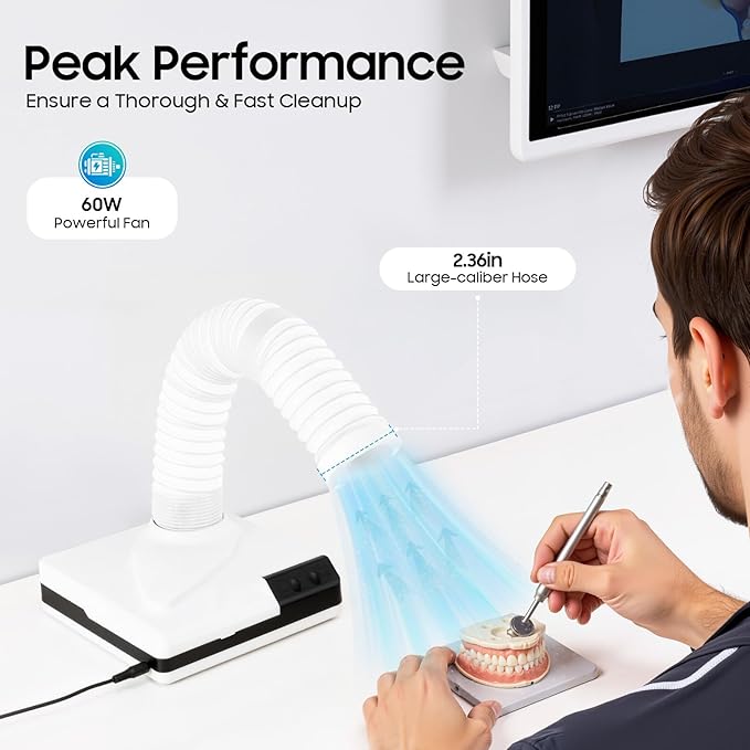 Nail Dust Collector, 2 in 1 Powerful Mini Desktop Vacuum Cleaner with Fan & LED Light, 60W Manicure Dentist Polishing Dust Suction Machine with Large Caliber Hose for Dental Lab Nail Salon (White)