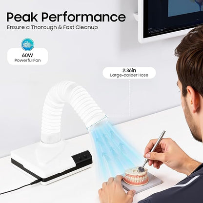 Nail Dust Collector, 2 in 1 Powerful Mini Desktop Vacuum Cleaner with Fan & LED Light, 60W Manicure Dentist Polishing Dust Suction Machine with Large Caliber Hose for Dental Lab Nail Salon (White)
