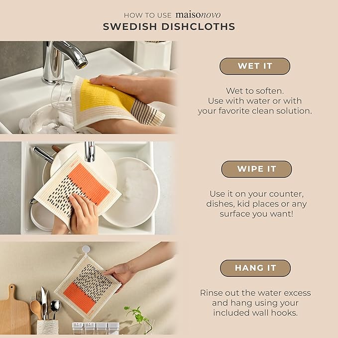MAISONOVO Swedish Dishcloths- Reusable Paper Towels - Swedish Dishcloths for Kitchen Abstract Pack of 4 - Reusable Paper Towels Washable Kitchen Cleaning Cloths