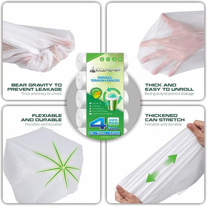 220 Counts Aklyaiap 4 Gallon Trash Bag,Tear & Leak Resistant Bathroom Biodegradable Small Garbage Can Bags Unscented for Home & Kitchen, 5Rolls, White