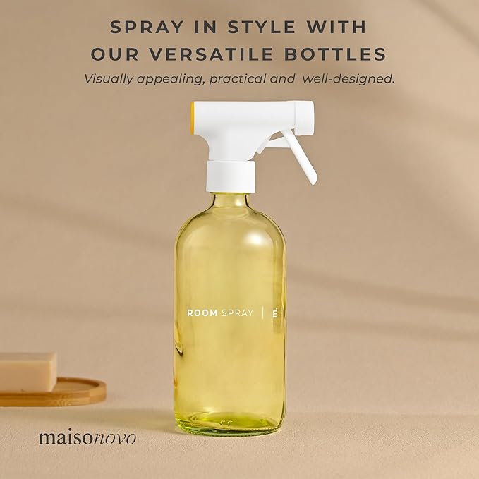 MAISONOVO Glass Kitchen Spray Bottle 16 Oz Pack of 2 - Yellow Food Grade Spray Bottle with Fortified Glass - Ideal for Oil, Vinegar, Cooking, BBQ, Food Prep, Countertops & Kitchen Use - 16 Labels